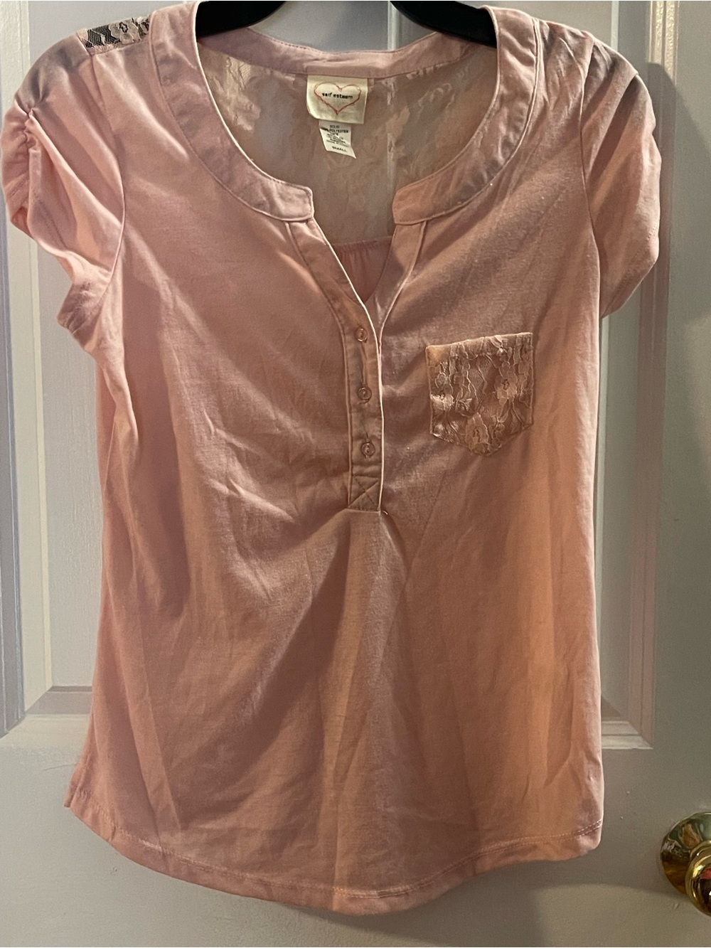 Self Esteem Light Pink Lace Pocket Short Sleeve Top